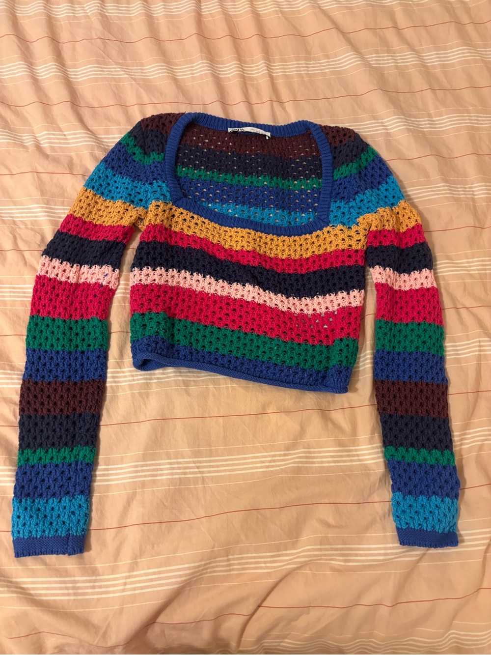 Zara Multicolor Striped Crochet Crop Sweater